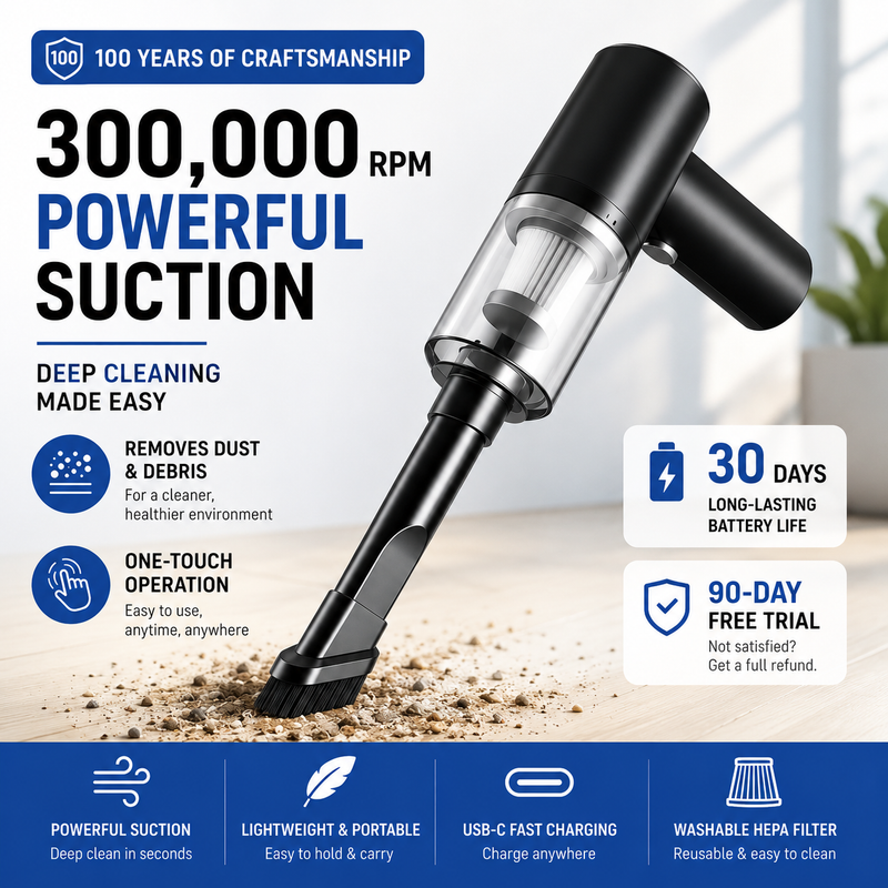 Portable Car & Home Vacuum Cleaner | Wireless & Powerful Suction | USB Rechargeable | Multi-Nozzle Cleaning Kit