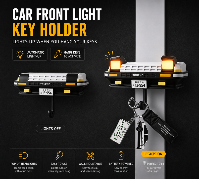 Car Front Light Key Holder with Automatic Pop-Up LED Headlights – Wall Mount Key Rack