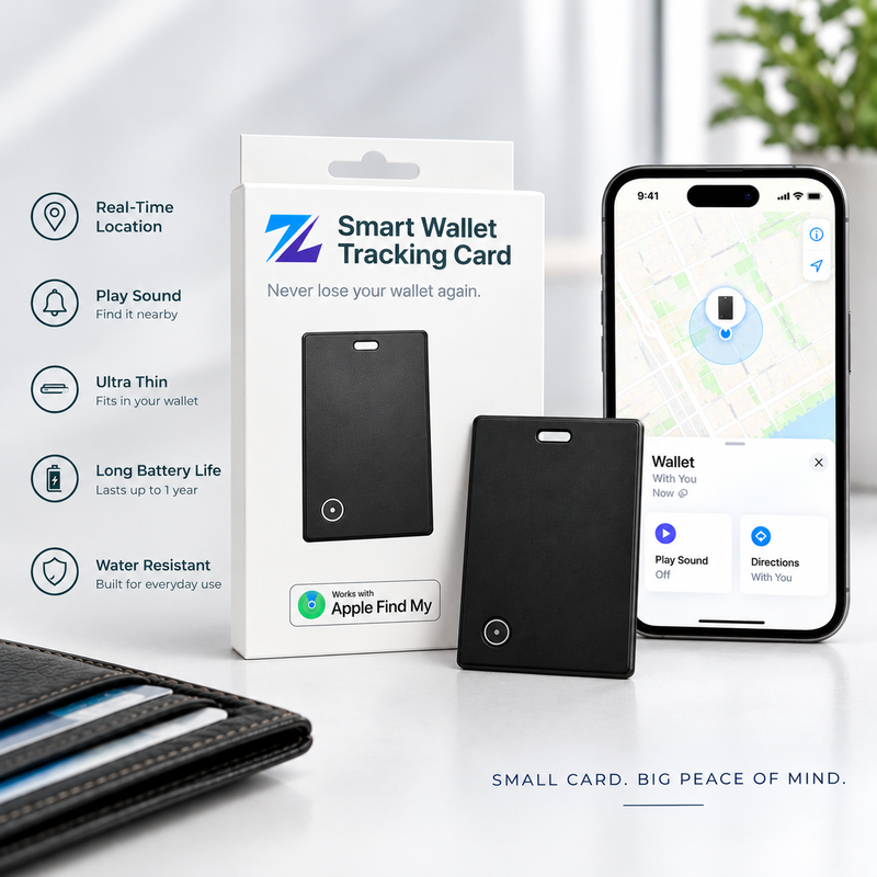 Smart Wallet Tracking Card – iOS Compatible, works with Find My App, 1 year battery life & Replaceable Battery