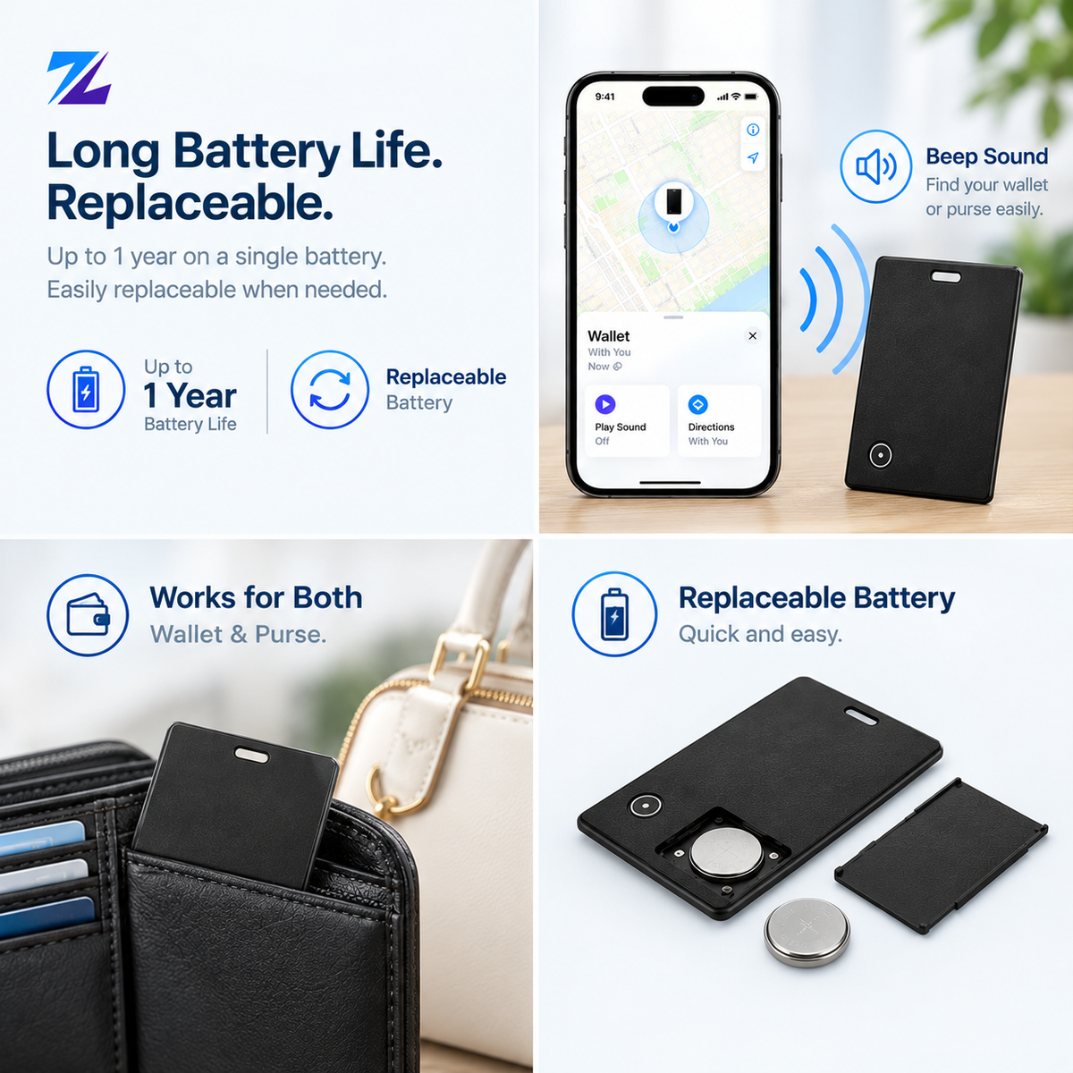 Smart Wallet Tracking Card – iOS Compatible, works with Find My App, 1 year battery life & Replaceable Battery