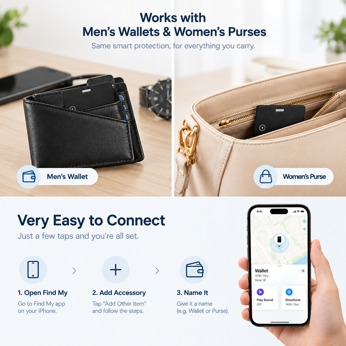 Smart Wallet Tracking Card – iOS Compatible, works with Find My App, 1 year battery life & Replaceable Battery