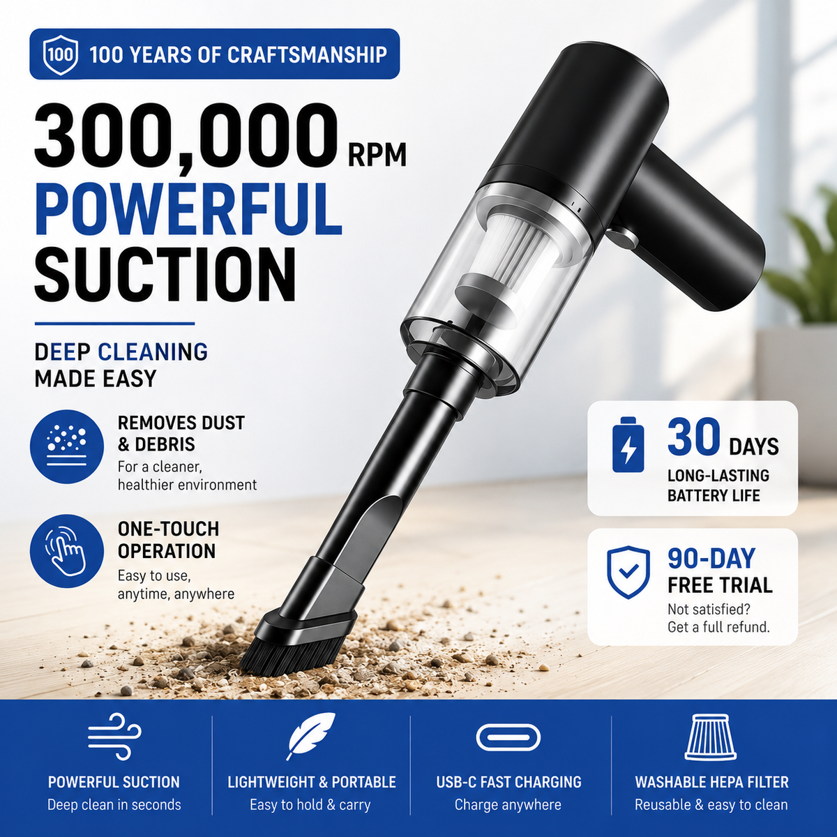 Portable Car & Home Vacuum Cleaner | Wireless & Powerful Suction | USB Rechargeable | Multi-Nozzle Cleaning Kit