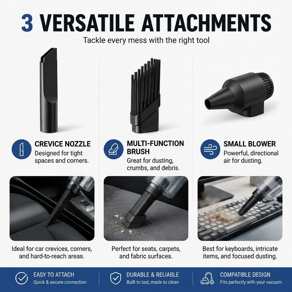 Portable Car & Home Vacuum Cleaner | Wireless & Powerful Suction | USB Rechargeable | Multi-Nozzle Cleaning Kit
