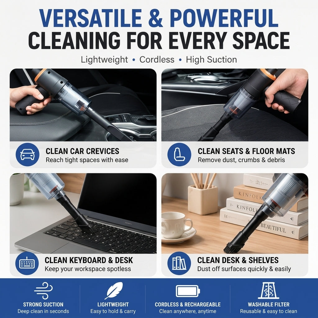 Portable Car & Home Vacuum Cleaner | Wireless & Powerful Suction | USB Rechargeable | Multi-Nozzle Cleaning Kit