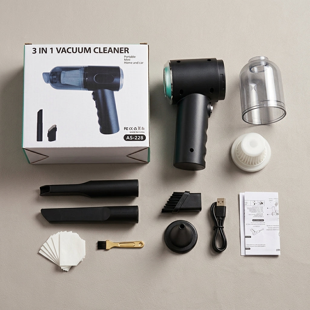 Portable Car & Home Vacuum Cleaner | Wireless & Powerful Suction | USB Rechargeable | Multi-Nozzle Cleaning Kit