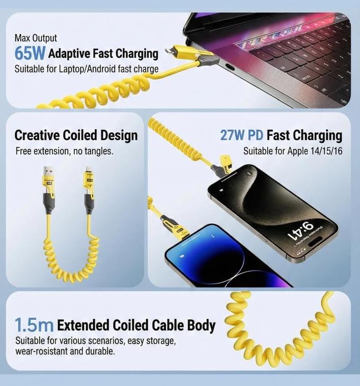 65W 4-in-1 Multi-Function Spring Cable | Fast Charging & Data Sync for Car & Travel
