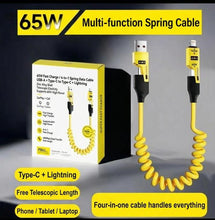 65W 4-in-1 Multi-Function Spring Cable | Fast Charging & Data Sync for Car & Travel