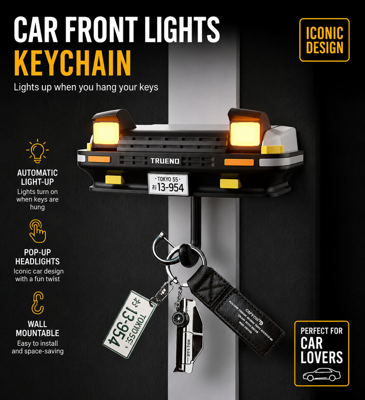 Car Front Light Key Holder with Automatic Pop-Up LED Headlights –  Wall Mount Key Rack